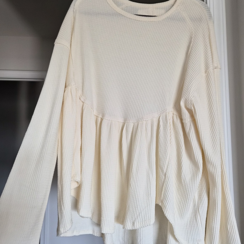 Free People Cream Waffle Peplum Long-Sleeve Top